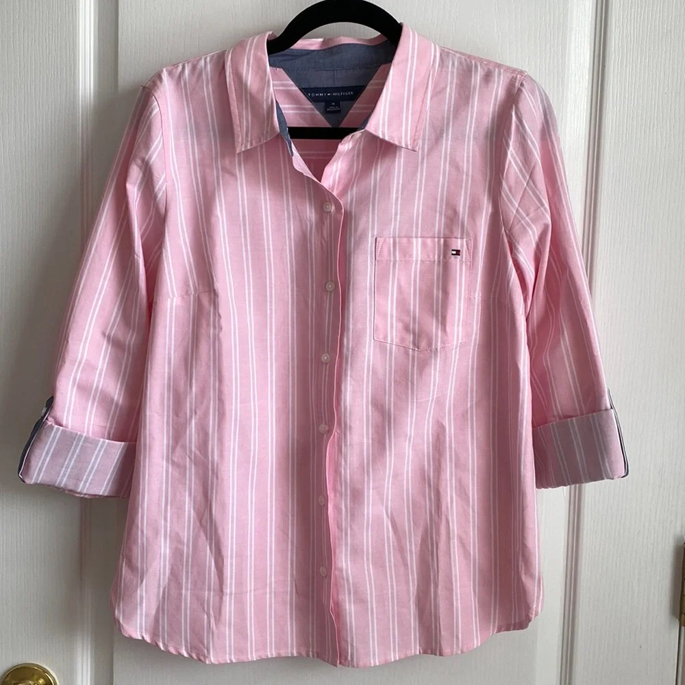 *SOLD* NWT Tommy Hilfiger Womens Pink and White Striped Button Down - Picture 3 of 8